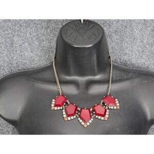 Ann Taylor LOFT Red Statement Necklace with Rhinestones Geometric Gemstone Chain